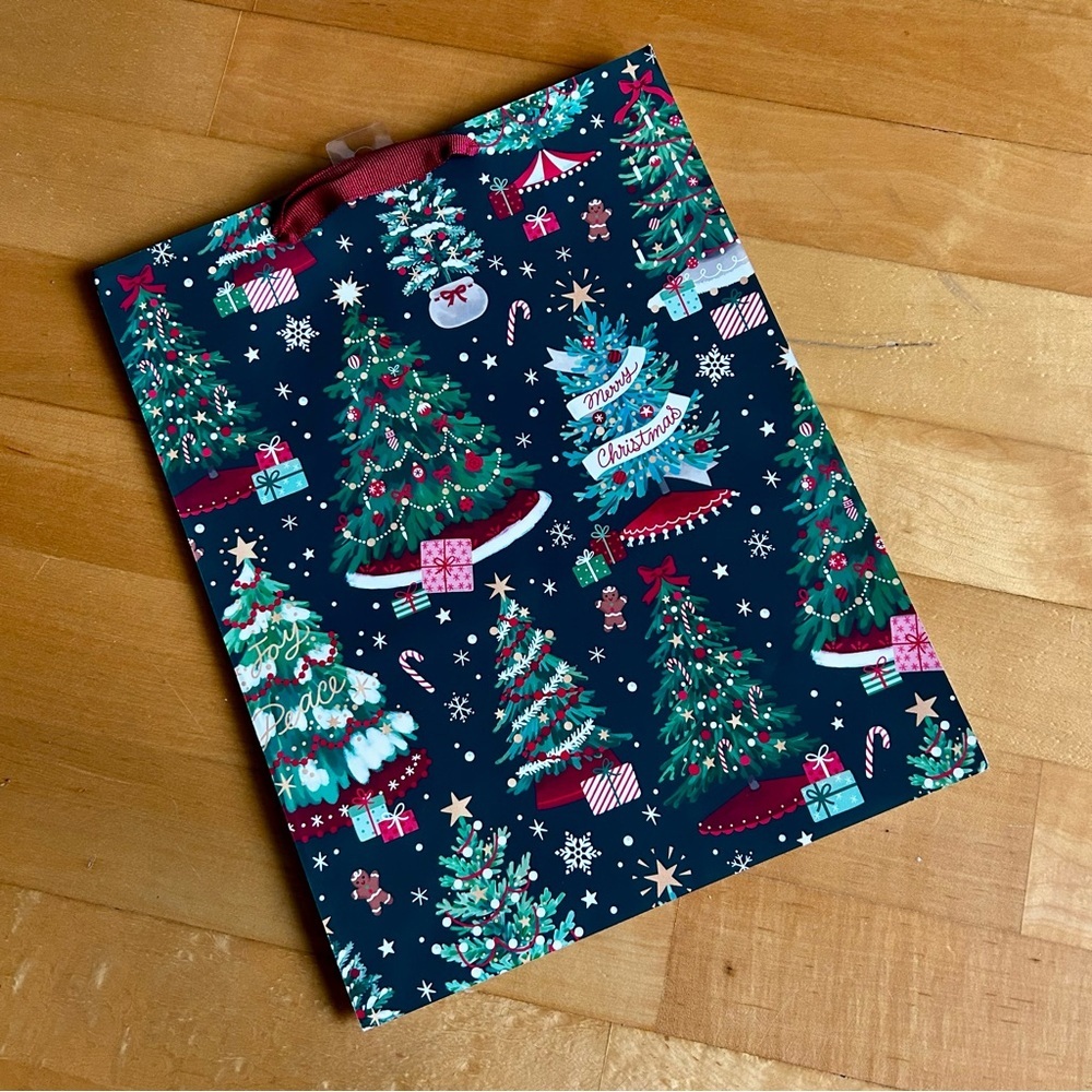 Dual Sided Holiday Gift Bag, Metallic Shine (TREES - GREEN + BLUE)